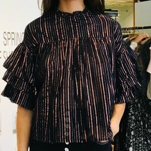 Ulla Johnson short sleeve ruffle blouse copper and navy color